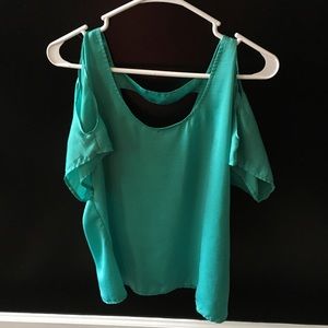 Satin teal top. Size Medium. Cold shoulder.